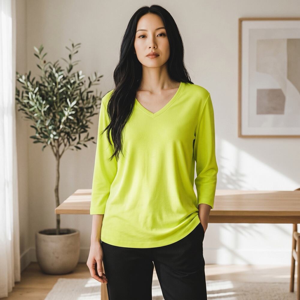 Chicos Womens True Color Tee Chloe Top Soft Lime Sz 2 Large 3/4 Sleeve Neon NWT